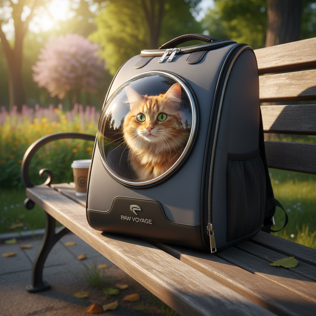 햇살이 가득한 공원 벤치 위에 놓인 투명 창이 달린 현대적인 디자인의 반려동물 백팩과 그 안에서 호기심 어린 눈빛으로 밖을 내다보는 귀여운 고양이의 고화질 실사 이미지
