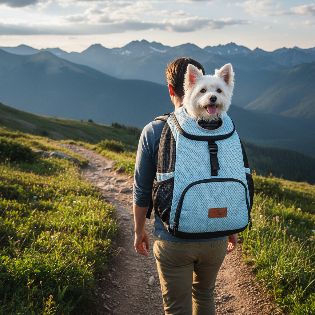 푸른 산을 배경으로 등산로를 걷고 있는 여행객의 등에 메인 통기성 좋은 메쉬 소재의 반려동물 백팩과 고개를 살짝 내민 작은 강아지의 활기찬 모습