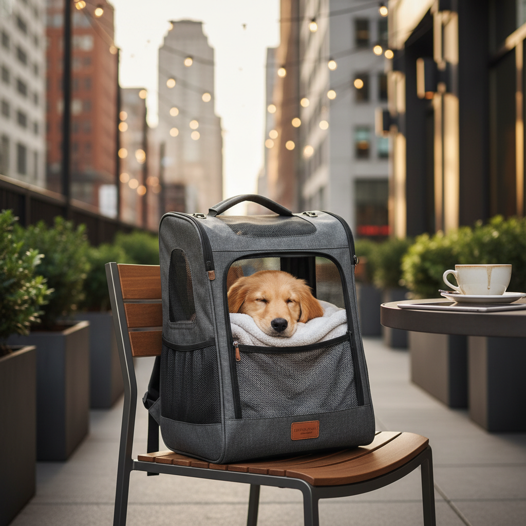 세련된 도시의 카페 야외 테라스에서 의자 옆에 안정적으로 세워진 확장형 반려동물 백팩과 그 안에서 편안하게 휴식을 취하고 있는 강아지의 따뜻한 감성 사진