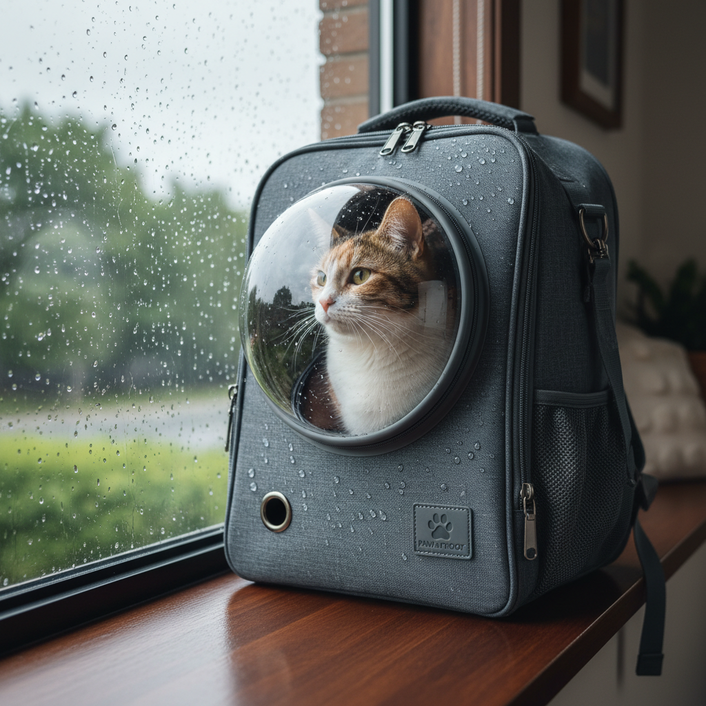 비 오는 날 창밖을 구경하는 반려동물을 위해 방수 기능이 적용된 프리미엄 소재의 반려동물 백팩과 가방 표면에 맺힌 물방울이 돋보이는 고해상도 사진
