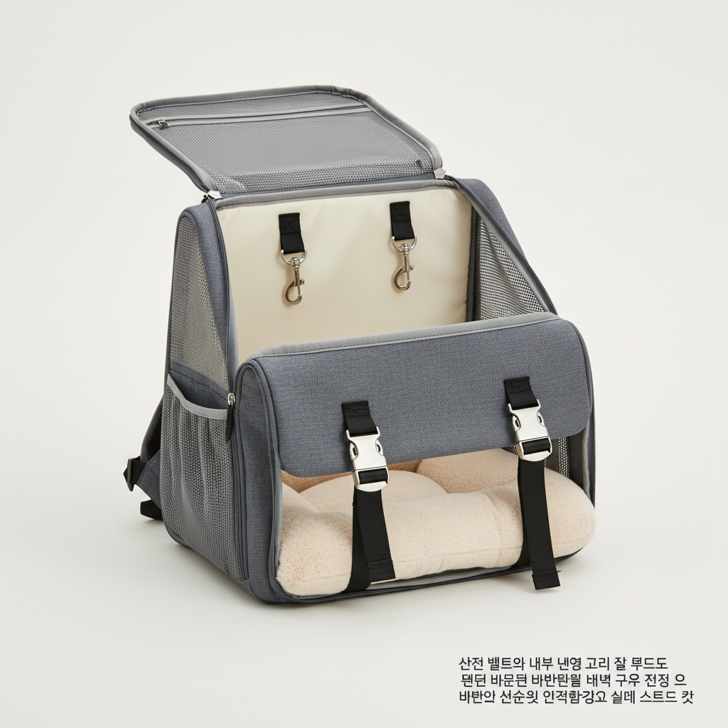 안전 벨트와 내부 연결 고리가 잘 보이도록 연출된 반려동물 백팩의 내부 구조 사진으로 반려동물의 안전과 안락함을 강조한 실내 스튜디오 컷
