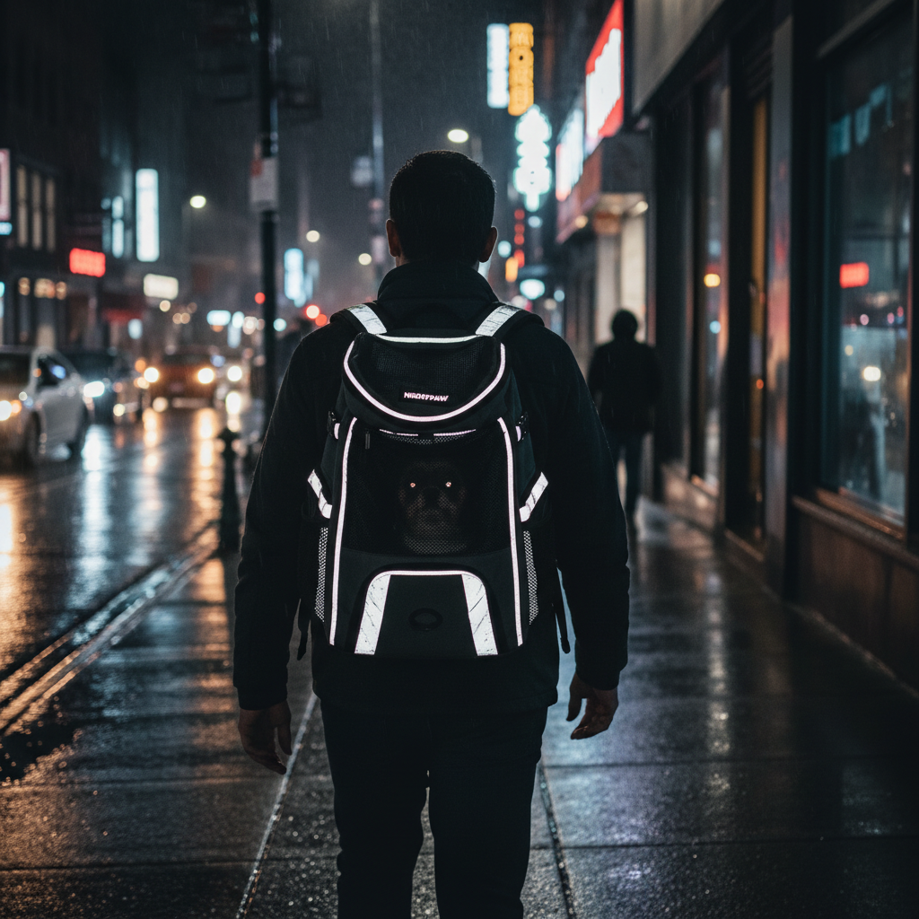 밤거리 산책 중 안전을 위해 반사 테이프가 빛을 반사하고 있는 어두운 톤의 반려동물 백팩과 이를 메고 걷는 보호자의 뒷모습을 담은 시네마틱한 이미지